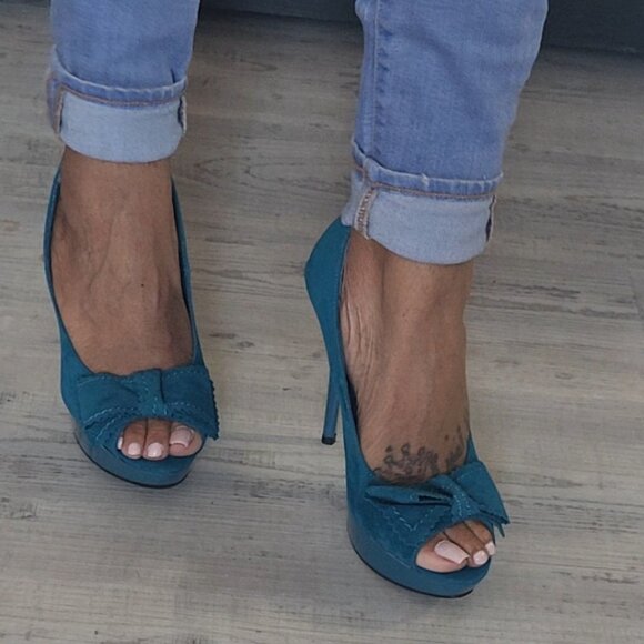 Dark Teal Blue Open Toe Platform Bow Heels Size 7.5 - Picture 3 of 7